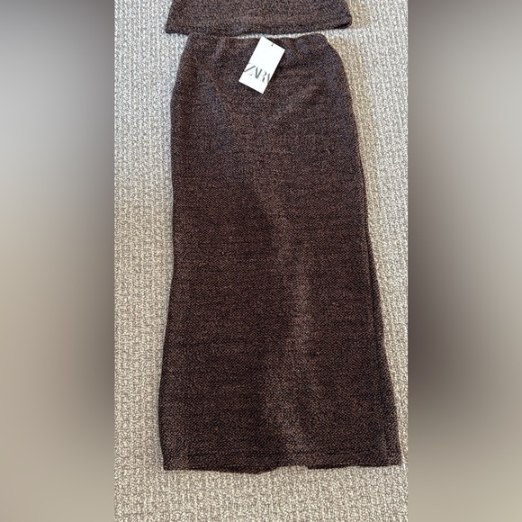 New Zara Brown Black Tweed Mock Neck Top Skirt Set S - Picture 3 of 12